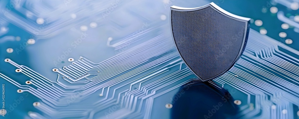 Poster digital fortress: a metallic shield guards intricate circuitry, symbolizing robust cybersecurity.