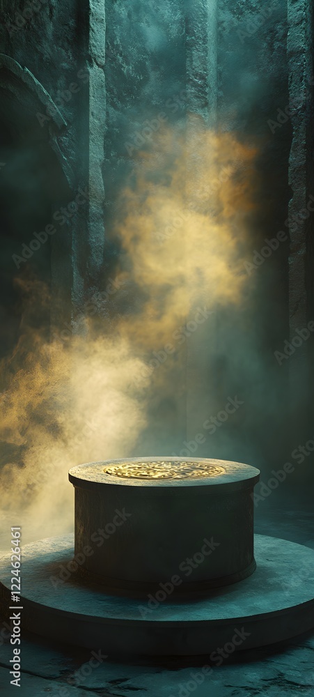 Poster a podium surrounded by soft mist, with a glowing light illuminating the scene and creating a mysteri