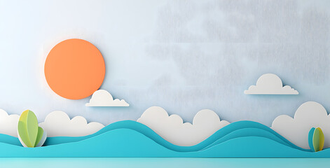 Landscape with mountains and sea waves in paper cut style