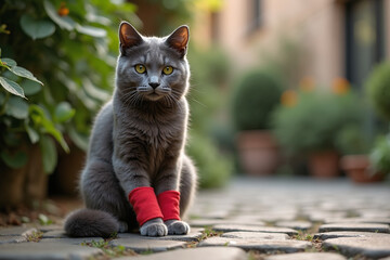A gray cat with red bandages on its front legs sits on a cobblestone path in an outdoor garden.  injured animal, veterinary