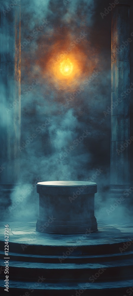 Poster a podium surrounded by soft mist, with a glowing light illuminating the scene and creating a mysteri