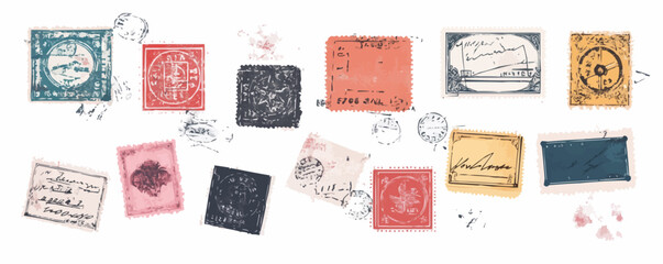 Vintage postal stamps vector composition with postmarks and ink blots.