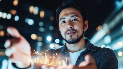 Young Man Presenting Data Visualization in Urban Night Scene