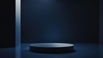 Dark blue background with a concrete floor and wall, illuminated by a spotlight. Perfect for product presentations or displays, creating an abstract, moody studio atmosphere