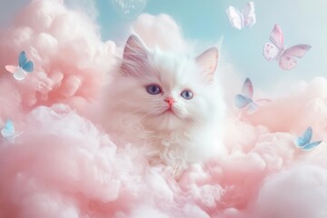 whimsical floating persian cat surrounded by pastel clouds and butterflies, dreamy soft lighting, ethereal atmosphere, studio portrait