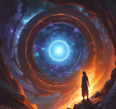 Illustration of glowing portal in new dimension.