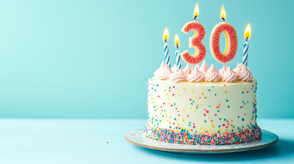 Thirty Birthday Cake with Pink Frosting and Colorful Sprinkles on Light Blue Background