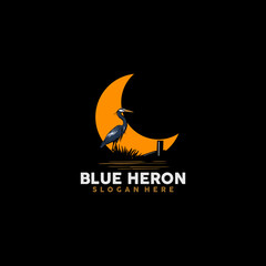 blue heron and the moon illustration logo design concept vector art