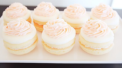 Fototapeta premium Delicate Peach Frosting Macarons on White Tray