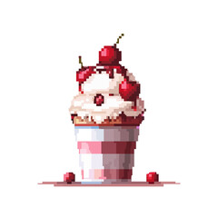 Pixel art vector of cherry topped ice cream in checkered cup.