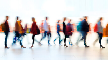 Blurred motion of diverse crowd walking, conveying a sense of urban life, movement, and anonymity 