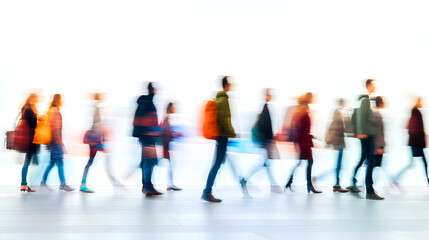 Blurred motion of diverse people walking, conveying movement, urban life, and anonymity in a bustling crowd 