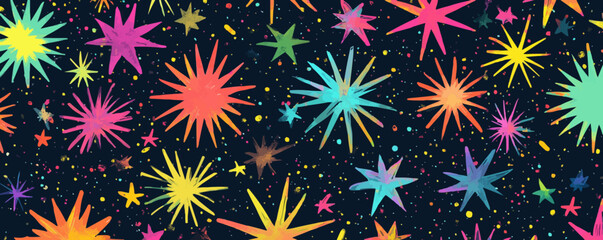 Colorful star vector pattern on dark background with splattered dots.