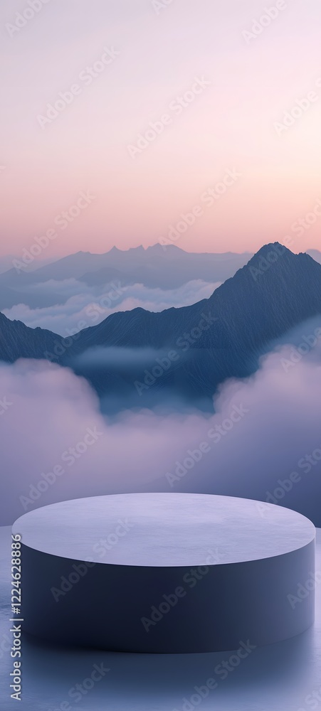 Poster a podium with a smooth surface, surrounded by soft clouds and distant mountains, creating a peaceful