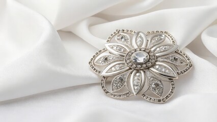 Silver Flower Brooch on White Fabric