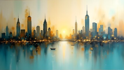 A serene painting of the New York City skyline at dawn, with warm light reflecting on the calm water and a small boat in the foreground.