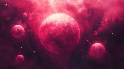Fototapeta premium Crimson planets softly glow in deep space nebula a vibrant cosmic scene. AI Generated