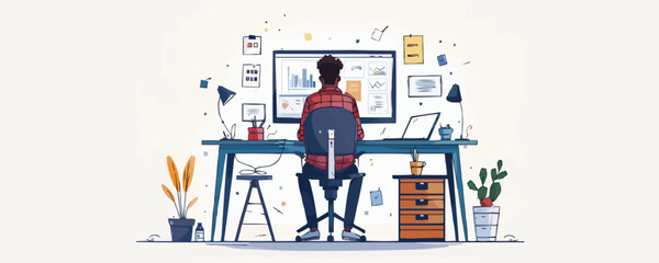 Vector workspace scene with graphs and creative design elements.