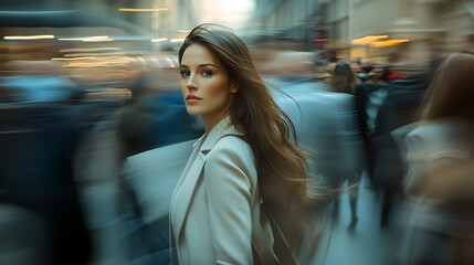 Woman in a stylish suit navigating a busy city street, with a motion blur effect emphasizing the urban rush and her calm composure, capturing the essence of modern life in motion 