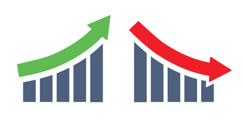 Graph going Up and Down sign with green and red arrows vector. Flat design vector illustration concept of sales bar chart symbol icon with arrow moving down and sales bar chart with arrow moving up.