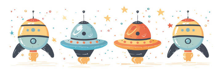 Colorful cartoon spaceships vector with stars and dots.