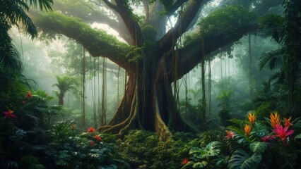 Majestic tree stands tall in a lush tropical rainforest filled with vibrant flowers