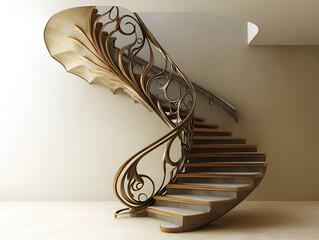 Elegant Spiral Staircase: A stunning spiral staircase with an ornate, Art Nouveau-inspired metal railing. The design is intricate and graceful, creating a sense of luxury and sophistication. 