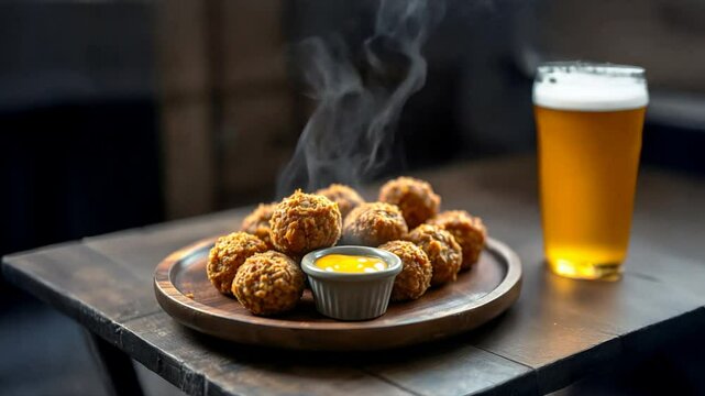Portion of bitterballen with a glass of beer on a wooden table