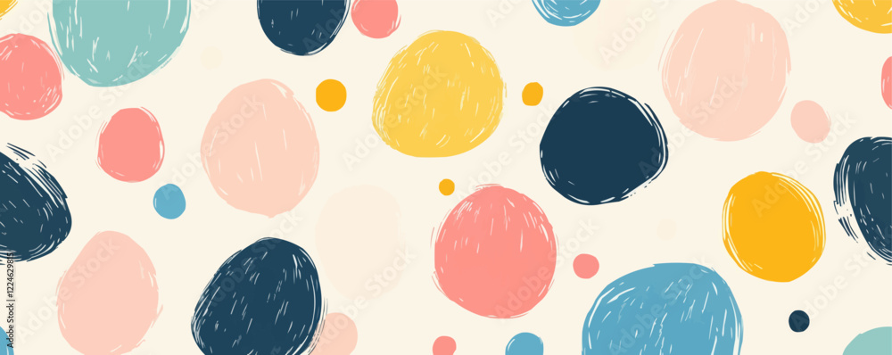 Poster colorful vector dots and circles in playful hand-drawn pattern.