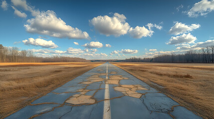 A deserted country road with a single lane stretching towards a vast horizon beneath a brilliant blue sky and fluffy clouds, offering a sense of hope and journey towards the unknown 