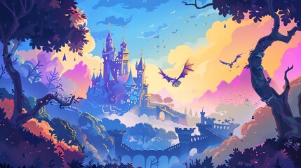 A cartoon style illustration of a magical kingdom with a large castle, a forest, a bridge and a dragon flying in the sky.