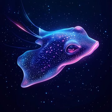 A vector illustration of a glowing stingray face with smooth neon patterns, gliding through glowing waters.