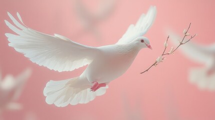 Obraz premium White dove in flight, pink background, gentle branch.