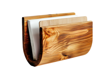 Elegant wooden document holder showcasing natural grain design, perfect for organizing paperwork in a modern workspace setting isolated on transparent background