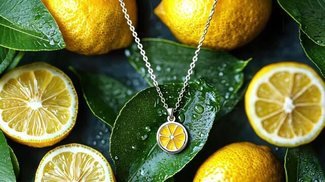 Fresh lemons and a lemon-themed necklace on green leaves.