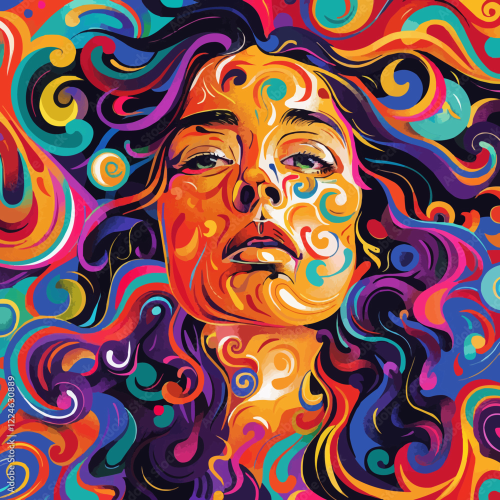 Poster vibrant artistic vector portrait with colorful swirls and abstract patterns.