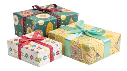 Charming collection of Eid-themed gift boxes with festive wrapping, dazzling embellishments, and a blend of modern and traditional styles on transparent background PNG.