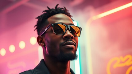 Fototapeta premium African American male with stylish sunglasses, scene with iridescent colors, and neon glow lighting.