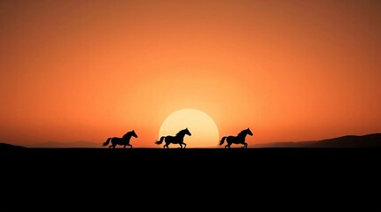 Minimalist monochrome desert sunset geometric silhouettes of running horses, gradient sky from light gray to deep black, subtle textures, negative space, warm high contrast low key lighting, deep shad