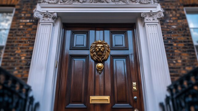 Majestic lion door knocker adorns rich dark wood door elegant building. AI Generated