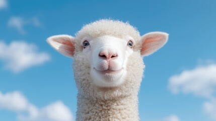 Fototapeta premium Happy lamb portrait, sunny sky background, farm animal, nature image for website or calendar