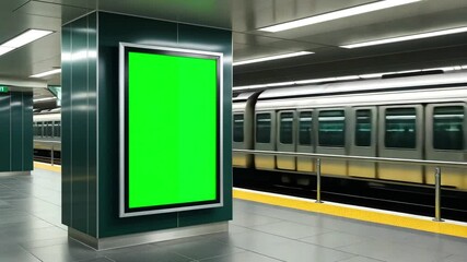 Digital billboard with a green screen in a modern subway station with a passing train