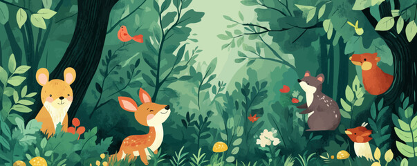 Vector forest scene with cute woodland animals and green foliage.