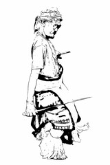 Tiimor Traditional Warrior with Dual Swords - Black and White Line Art Illustration Celebrating Cultural Heritage for Wall Art & Digital Downloads