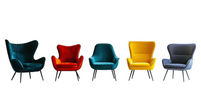 Colorful chairs set ideal for an office or meeting room, featuring a modern and comfortable design with transparent PNG background