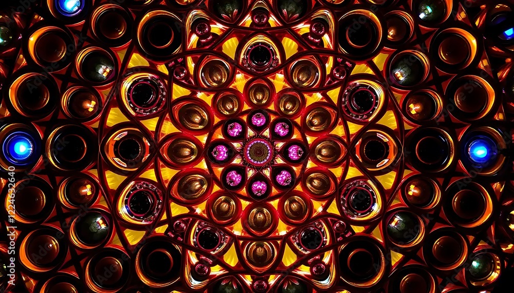 Poster abstract kaleidoscope pattern with vivid colors and circular designs