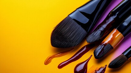 Obraz premium Vibrant Makeup Brushes with Colorful Paint Splashes on Yellow and Purple Background