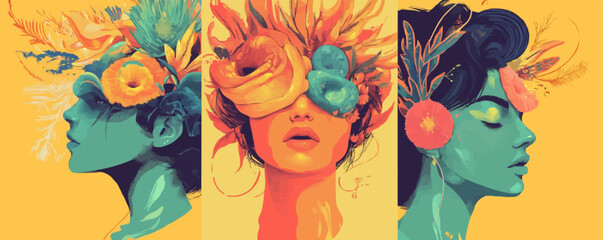 Vibrant floral vector portraits with surreal masks and bold colors.