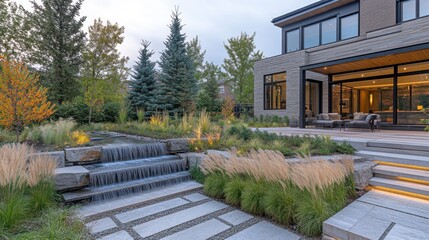 Obraz premium Modern backyard with waterfall, patio, and landscaping.
