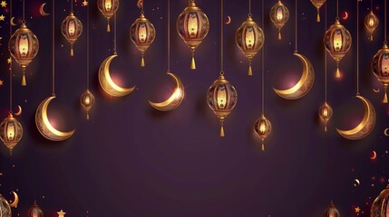 **A stylish Ramadan backdrop with crescent moons and hanging lanterns arranged in a symmetrical pattern, set against a deep purple background with golden accents.